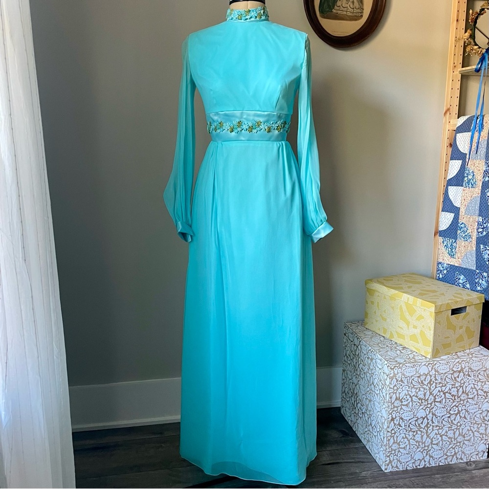 VINTAGE 1960s mod gown in teal with floral ribbon and chiffon